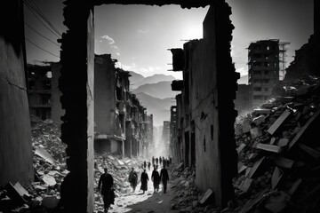 The ruins of a city after an earthquake people wandering, terremoto, pray turkey, GENERATIVE AI
