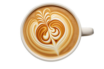 Hot Beautiful Latte Art with White Coffee Cup Mug, Top View - Generative AI