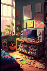 Room illustration of computer speaker guitar posters aesthetic 