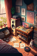 Top view of room illustration of computer speaker guitar posters aesthetic 
