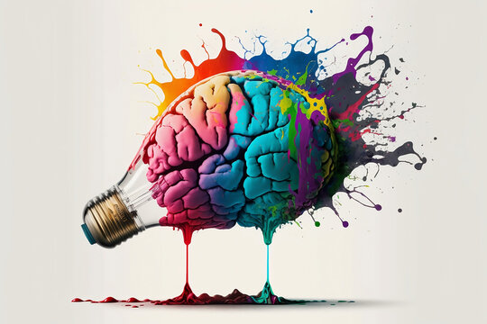 Creativity light bulb with a colorful brain inside exploding with colorful creative color splat outside. Generative Ai art about creativity mindset