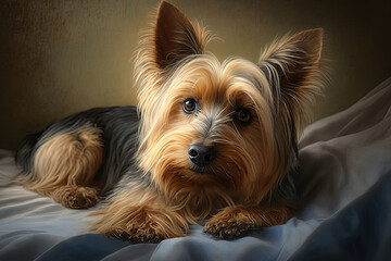 An adorable Yorkshire terrier gazes at the viewer from the blanket where he is curled up on his bed. Generative AI.