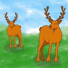 The deer painting is on a green background with a blue background, patterns, used as background images.