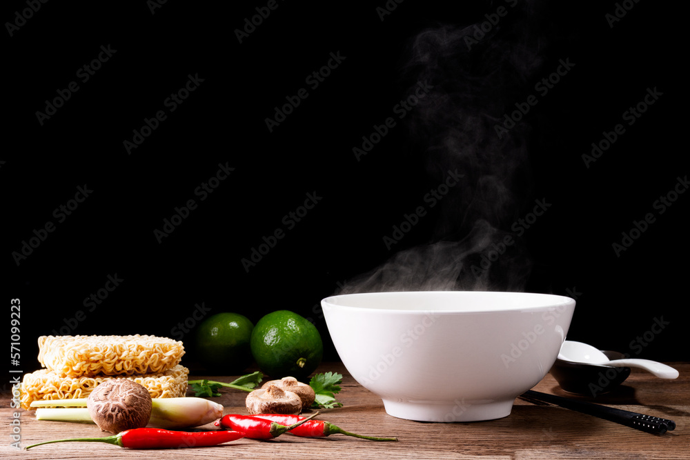 Poster a bowl of instant noodles or pasta delicious hot soup, thai, chinese, japanese food with chopsticks 