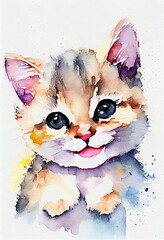  smiling baby cat face watercolor with Generative AI