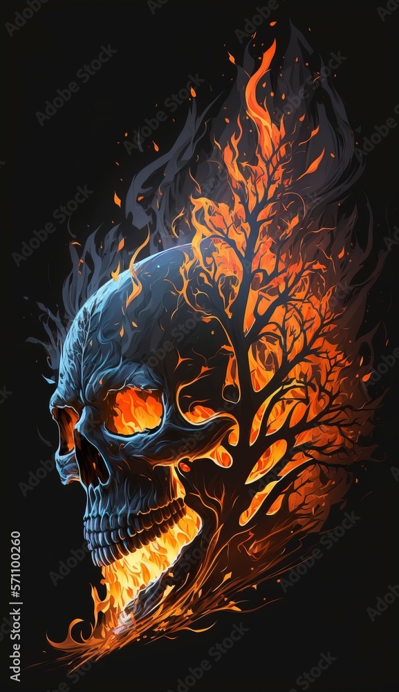 Wall mural burning skull with generative ai