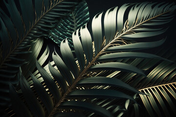 Plakat elegant beautiful close up of palm leaf 3d art style illustration, on black background, AI generated