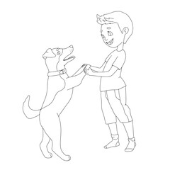 Happy cute little kid play with dog. Character cartoon boy dance with pet. Outline vector illustration isolated on white background