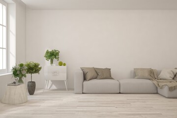 White living room with sofa. Scandinavian interior design. 3D illustration