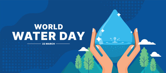 world water day - Hands hold blue drop water with drop water fall splash and mountain trees around on blue background vector design