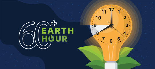 60 minutes plu,s Earth hour - Light bulb with the lights go out between 8 to 9 pm and leafs around on dark night background vector design - obrazy, fototapety, plakaty