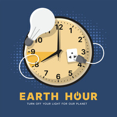Earth hour - The bulb that went out was not plugged around clock with highlights 8 to 9 pm on blue background vector design