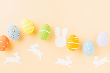 Easter eggs bunny and rabbit white paper cutting isolated on pastel background, Funny decoration, Festive composition banner web design holiday background, Happy Easter Day