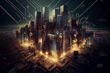 Smart city combined with circuit board concept. Generative AI.