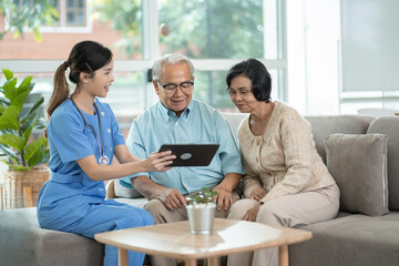 Elderly people healthcare tech and prescription online concept.asian senior people listening to...