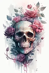 Wall murals Aquarel Skull watercolor skull flower with Generative AI