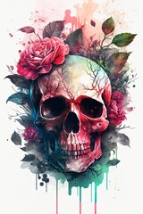 watercolor skull flower with Generative AI