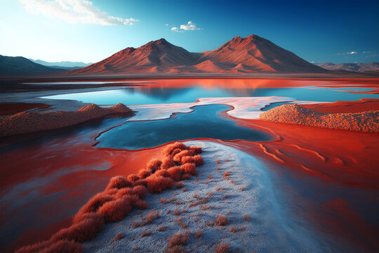 Red Volcanic Mountains And Blue Salt Lakes With A Beautiful natural backdrop