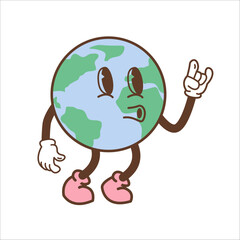 Earth character in trendy retro cartoon style. Funny globe with smiley jolly face. Vintage planet mascot with arms and legs. Environmental eco green life print concept. Vector flat illustration.