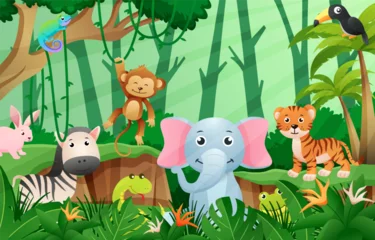 Tuinposter Wildlife animals in jungle scene . Kids style . Vector . © stockdevil