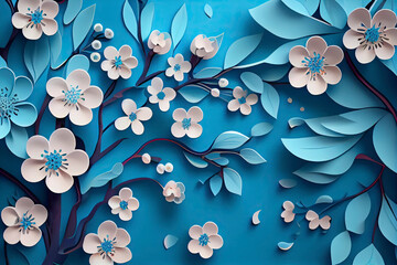 Floral background decorated blooming cherry flowers branch