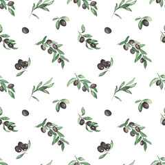 Fototapeta na wymiar Watercolor seamless pattern with olive branches, olive berries, leaves for textures