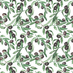 Fototapeta na wymiar Watercolor seamless pattern with olive branches, olives, leaves, fruit tree for prints, textures, wedding on a white background