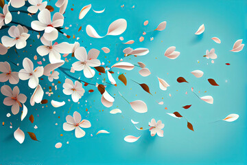Obraz na płótnie Canvas Flying petals on a blue background. Flowers and petals in the wind. Vector background with spring plum or cherry blossom