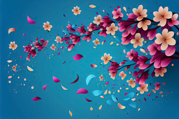 Flying petals on a blue background. Flowers and petals in the wind. Vector background with spring plum or cherry blossom