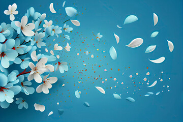 Fototapeta na wymiar Flying petals on a blue background. Flowers and petals in the wind. Vector background with spring plum or cherry blossom
