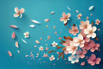 Flying petals on a blue background. Flowers and petals in the wind. Vector background with spring plum or cherry blossom