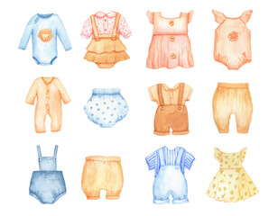 Infant blue bodysuit, dress and shorts illustration. Watercolor sketch Baby clothes isolated on white