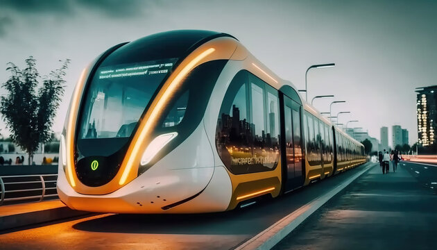 Autonomous Train. Future, Futuristic. Public Transportation. Sustainable City. Urban Mobility. Generative AI.