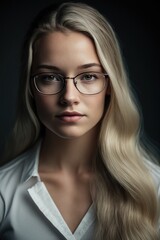 Fototapeta premium Attractive Young woman using eyeglasses wearing a white shirt looking at the camera. Generative AI