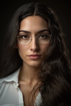 Attractive Young woman using eyeglasses wearing a white shirt looking at the camera. Generative AI
