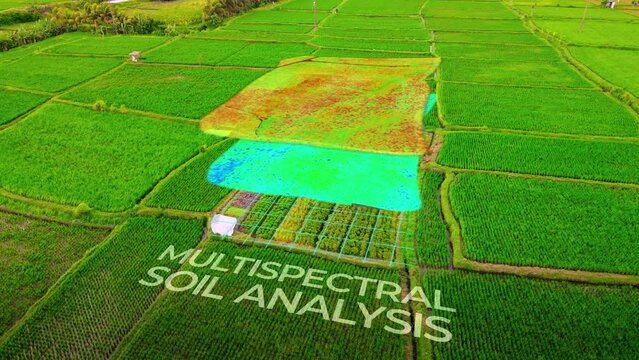 Modern Agricultural Technology Highlighting Multispectral Soil Analysis NDVI GNDVI, Aerial, Motion graphics, Futuristic