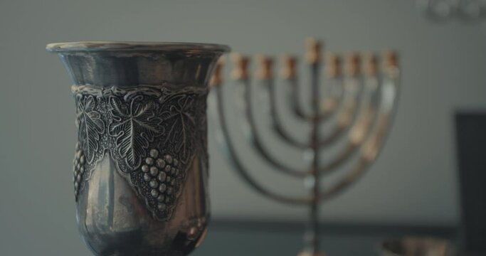 Jewish Hanukkah Menorah and a Wine Kiddush Cup for Shabbat and Holidays 01