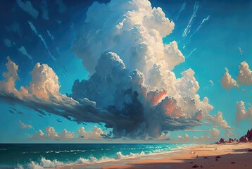 Fototapeta na wymiar Sandy shore beach with rain clouds on the horizon slowly engulfing the late afternoon summer day blue sky, breathtaking ocean seascape vista - generative AI illustration.