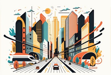 city center with skyscrapers, roads, and a complex network of transportation, dynamism of a modern metropolis made with generative ai, vector style, flat, 