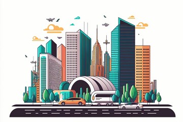 bustling city center with skyscrapers, busy roads, and a complex network of transportation, showcasing the energy and dynamism of a modern metropolis made with generative ai, vector style, flat, 