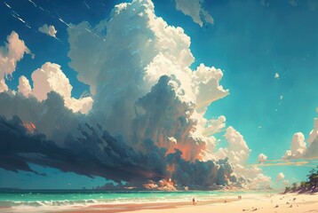 Obraz na płótnie Canvas Sandy shore beach with rain clouds on the horizon slowly engulfing the late afternoon summer day blue sky, breathtaking ocean seascape vista - generative AI illustration.