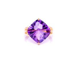 Amethyst Jewel or gems ring on white background with reflection. Collection of natural gemstones accessories. Studio shot