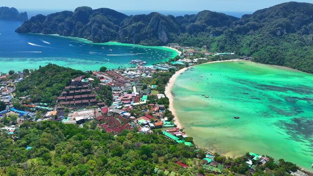 Koh Phi Phi island viewpoint, aerial view of tropical lagoon in Thailand, paradise vacation on exotic beach, tourism in Thailand