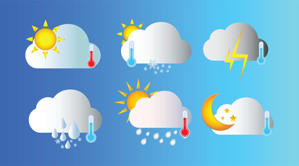 Obraz premium Weather icons set, sun, cloud, moon, Thunderstorm, rain, snow, Temperature, thermometer