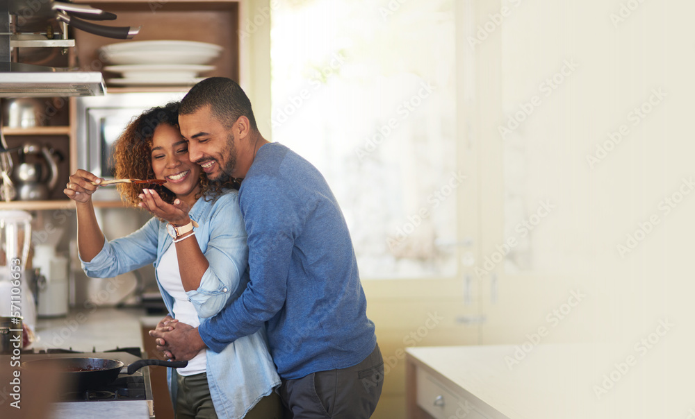 Sticker Cooking, black couple and hug in a kitchen with marriage and love at home with mockup. Dinner, food taste and happy woman and man together with care in a house with mock up and happiness from eating