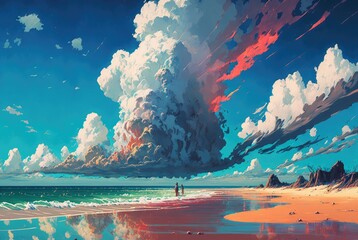 Sandy shore beach with rain clouds on the horizon slowly engulfing the late afternoon summer day blue sky, breathtaking ocean seascape vista - generative AI illustration.