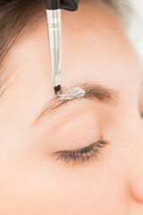 Young woman undergoing eyebrow correction procedure in beauty salon, closeup. Dying eyebrows whith brush