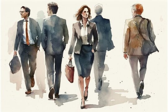 A group of business people walking in the street. Office people in finance