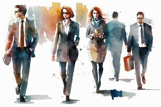 A group of business people walking in the street. Office people in finance