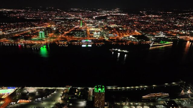 Aerial View of Camden New Jersey Waterfront Lit Green for Eagles Superbowl